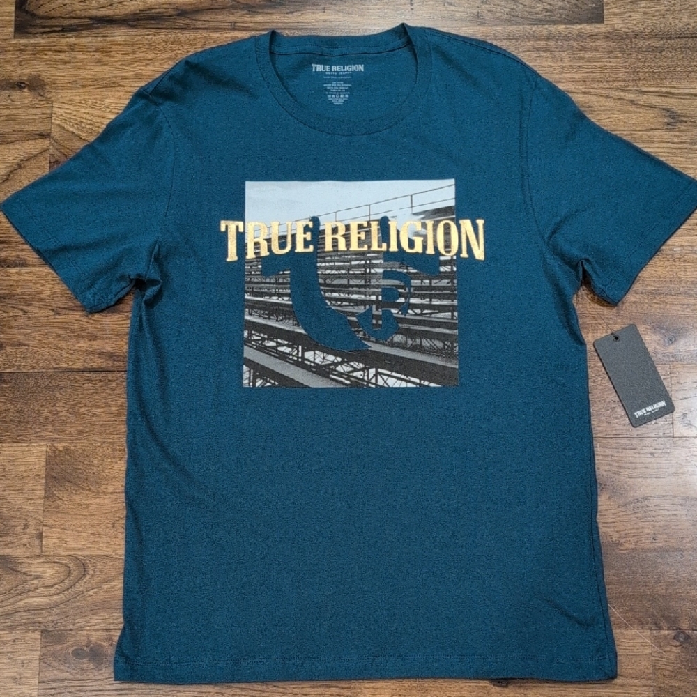 Mens True Religion stadium print teal tshirt size L